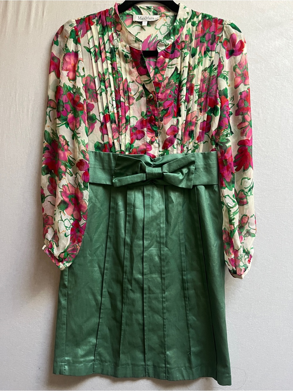 Vintage Max Mara Floral Silk Chiffon Green Bow Pleated Dress Size S